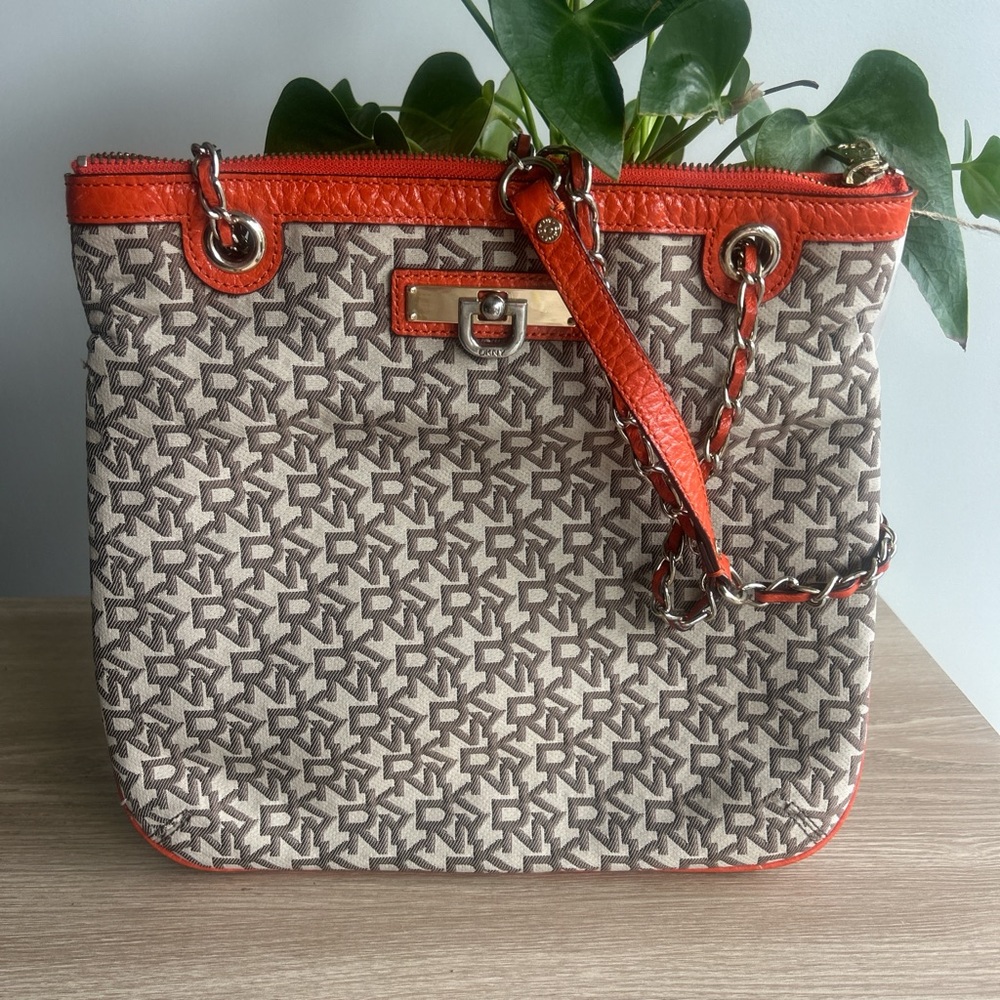 DKNY Tan and Red Monogram Shoulder Bag